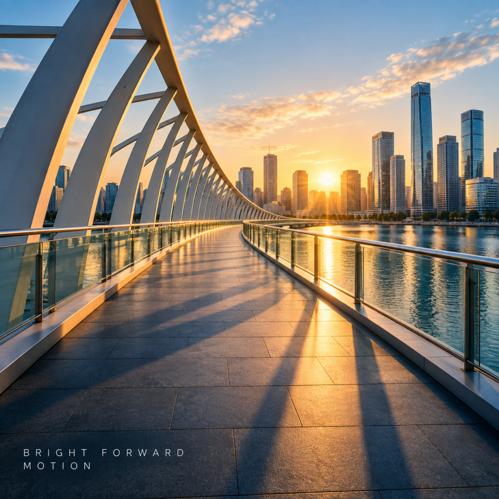 Pont de bois moderne menant vers le ciel de la ville au lever du soleil — couverture de Bright Forward Motion.