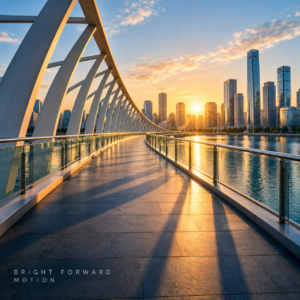 Modern footbridge leading towards a city skyline at sunrise — Bright Forward Motion cover.